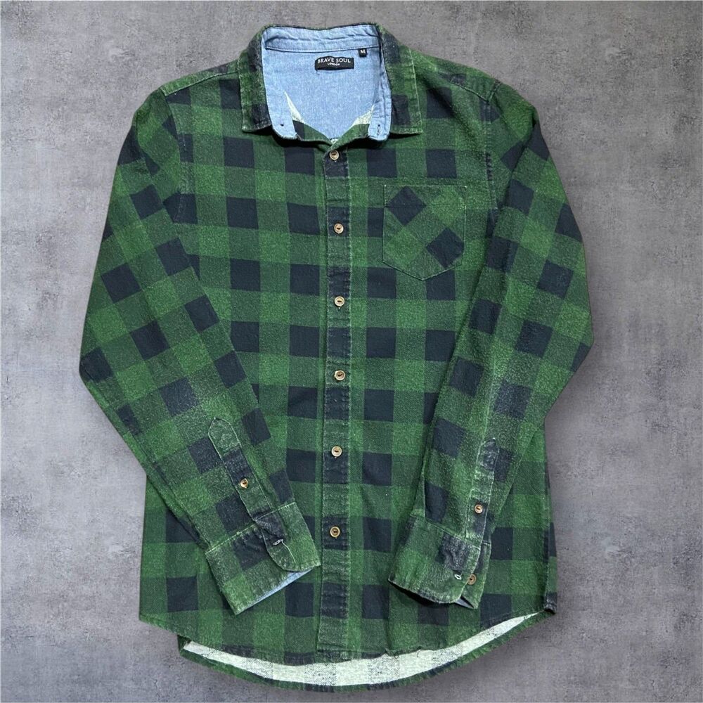 Brave Soul Worn In Green Black Checkered Flannel Button Down Shirt Men's Medium